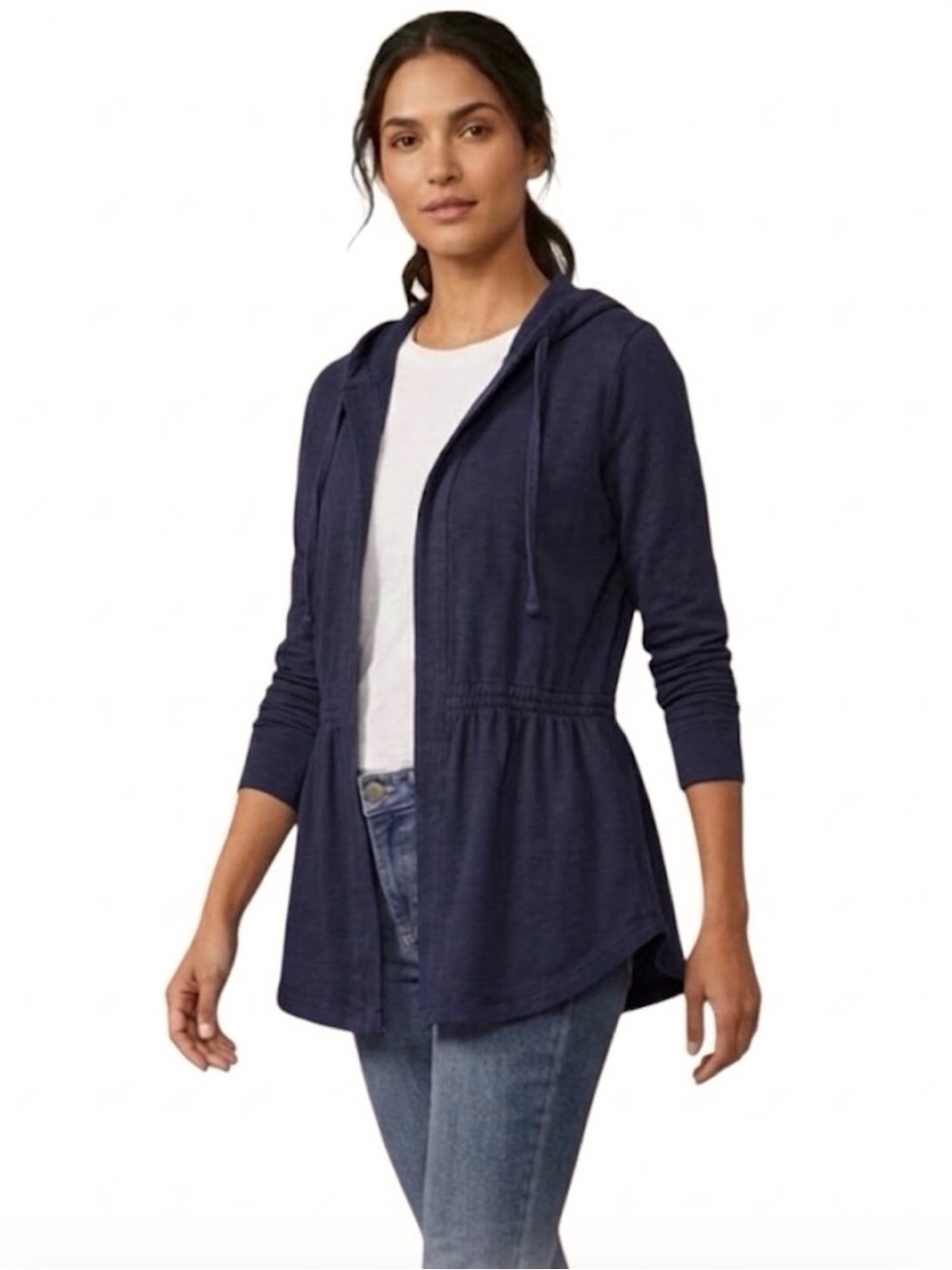 LOFT Women's Navy Hooded Open Cardigan Peplum Jacket Size Medium Casual Cotton
